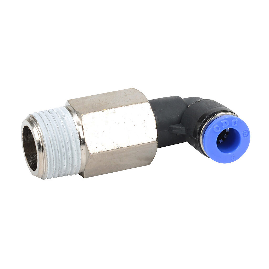 MEL6M-38R - NITRA pneumatic push-to-connect fitting, long elbow, rotating, thermoplastic (PBT) body, nickel-plated brass threads, thread sealant, (1) R3/8 male BSPT to (1) 6mm push-to-connect. Package of 5.