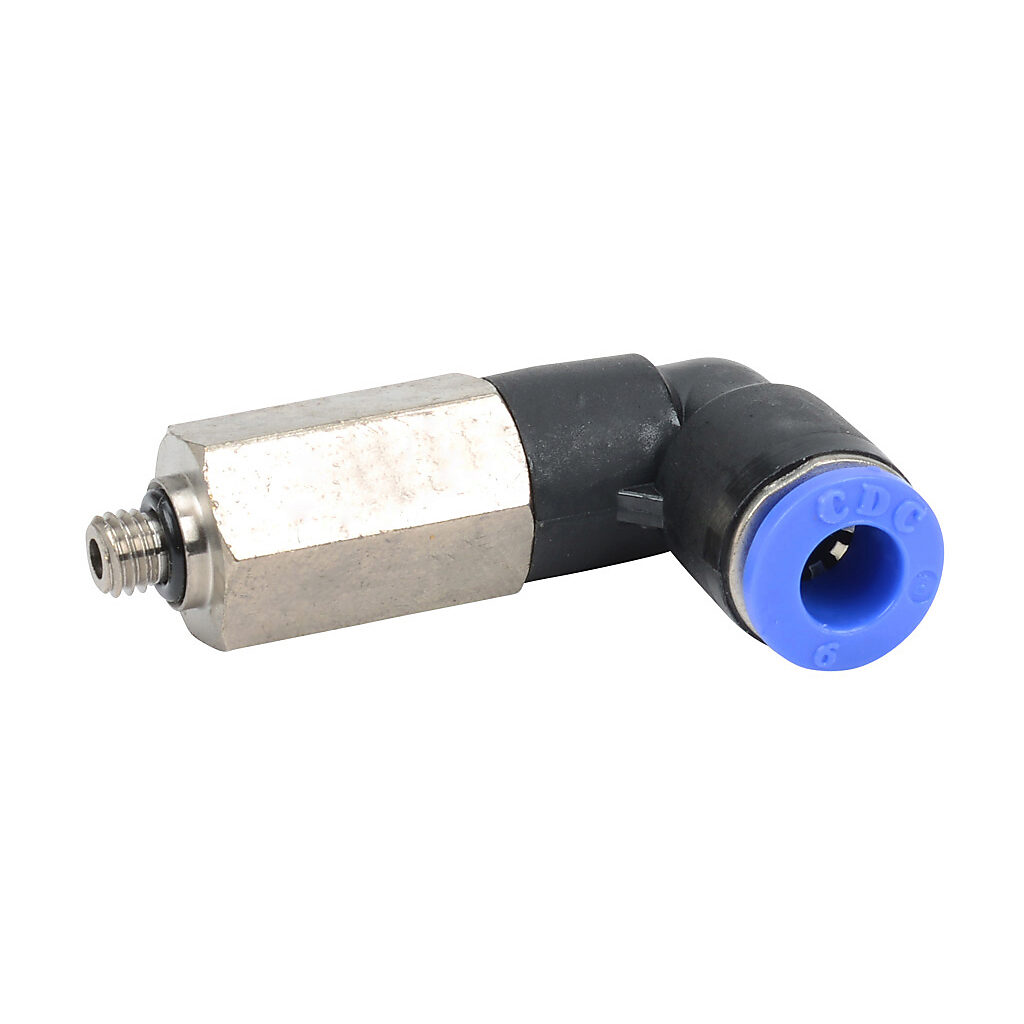 MEL6M-M5 - NITRA pneumatic push-to-connect fitting, long elbow, rotating, thermoplastic (PBT) body, nickel-plated brass threads, Buna-N O-ring seal(s), (1) M5 x 0.8 male ISO to (1) 6mm push-to-connect. Package of 5.