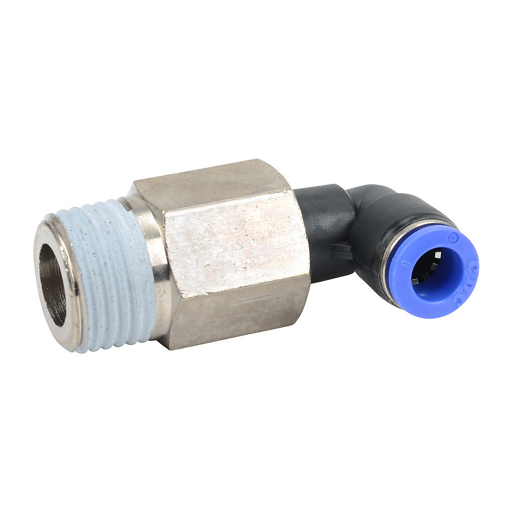 MEL8M-12R - NITRA pneumatic push-to-connect fitting, long elbow, rotating, thermoplastic (PBT) body, nickel-plated brass threads, thread sealant, (1) R1/2 male BSPT to (1) 5/16in (8mm) push-to-connect. Package of 5.