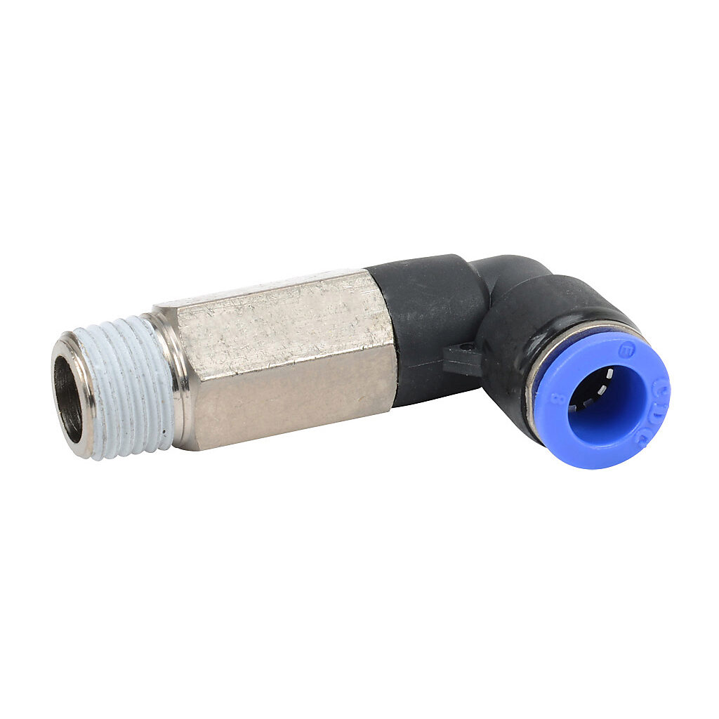 MEL8M-14R - NITRA pneumatic push-to-connect fitting, long elbow, rotating, thermoplastic (PBT) body, nickel-plated brass threads, thread sealant, (1) R1/4 male BSPT to (1) 5/16in (8mm) push-to-connect. Package of 5.