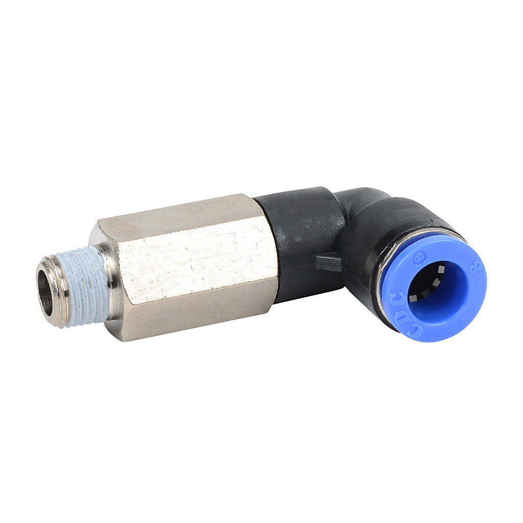 MEL8M-18R - NITRA pneumatic push-to-connect fitting, long elbow, rotating, thermoplastic (PBT) body, nickel-plated brass threads, thread sealant, (1) R1/8 male BSPT to (1) 5/16in (8mm) push-to-connect. Package of 5.