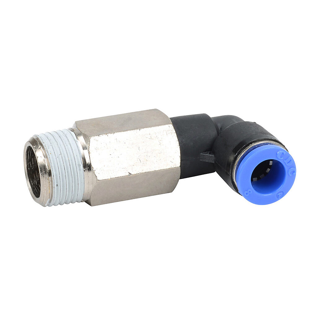 MEL8M-38R - NITRA pneumatic push-to-connect fitting, long elbow, rotating, thermoplastic (PBT) body, nickel-plated brass threads, thread sealant, (1) R3/8 male BSPT to (1) 5/16in (8mm) push-to-connect. Package of 5.
