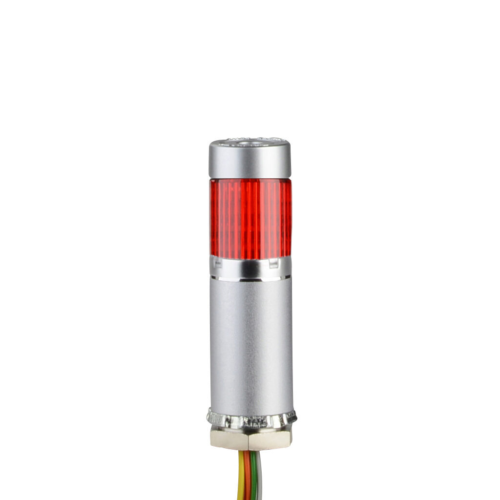 MES-102P-R - Patlite LED signal tower, (1) tier, 25mm diameter, red, permanent light function, 24 VDC, PNP polarity, clear lens, 40mm body length, silver, 360 degree viewing angle, base mount, IP65.