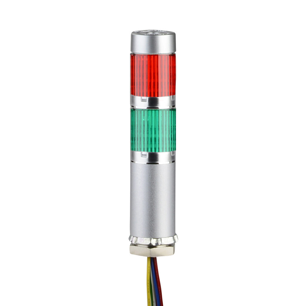 MES-202A-RG - Patlite LED signal tower, (2) tiers, 25mm diameter, red/green, permanent light function, 24 VDC, NPN polarity, clear lens, 40mm body length, silver, 360 degree viewing angle, base mount, IP42.