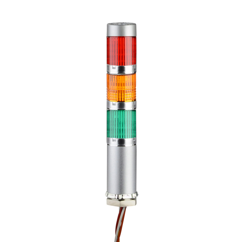 MES-302A-RYG - Patlite LED signal tower, (3) tiers, 25mm diameter, red/amber/green, permanent light function, 24 VDC, NPN polarity, clear lens, 40mm body length, silver, 360 degree viewing angle, base mount, IP42.