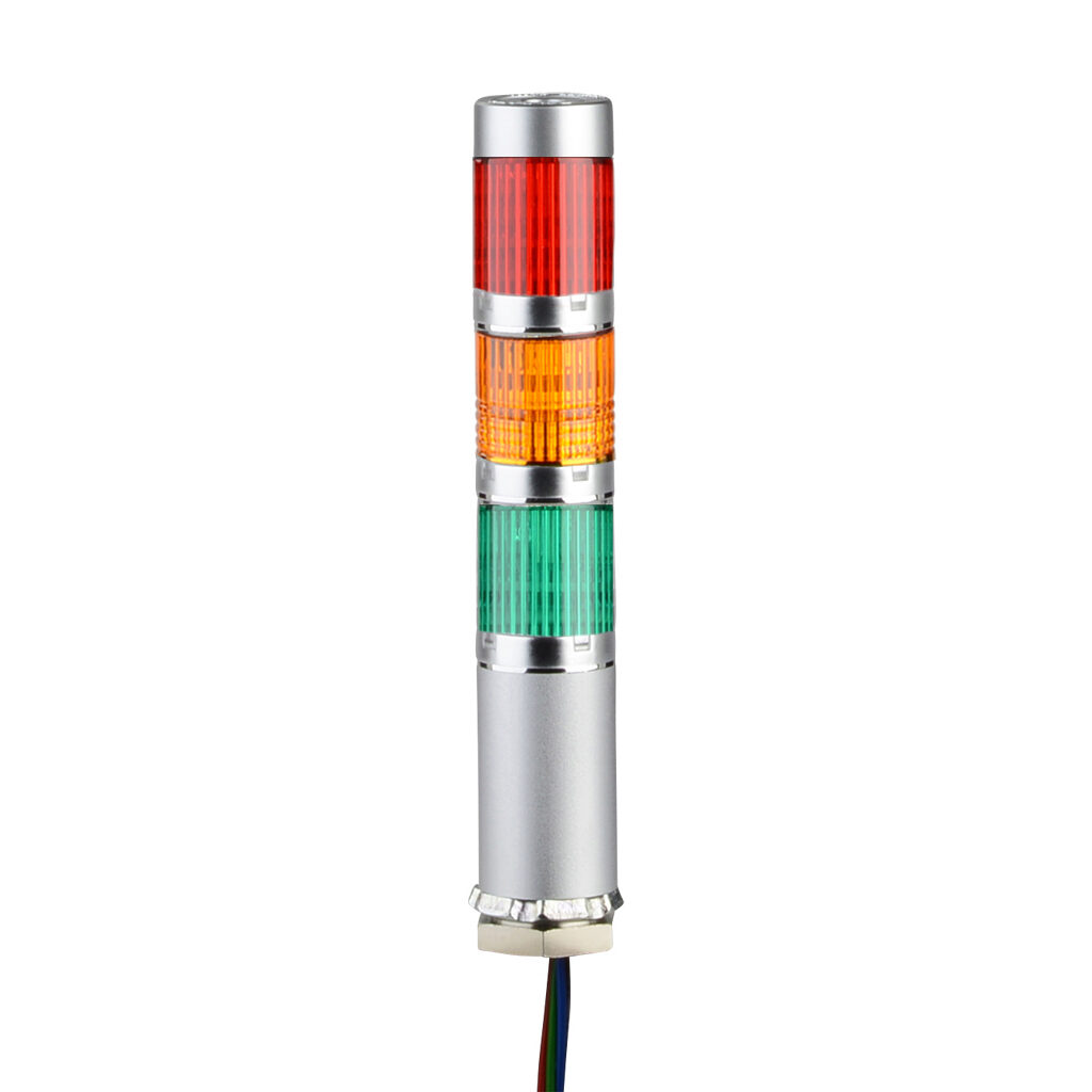 MES-302P-RYG - Patlite LED signal tower, (3) tiers, 25mm diameter, red/amber/green, permanent light function, 24 VDC, PNP polarity, clear lens, 40mm body length, silver, 360 degree viewing angle, base mount, IP65.
