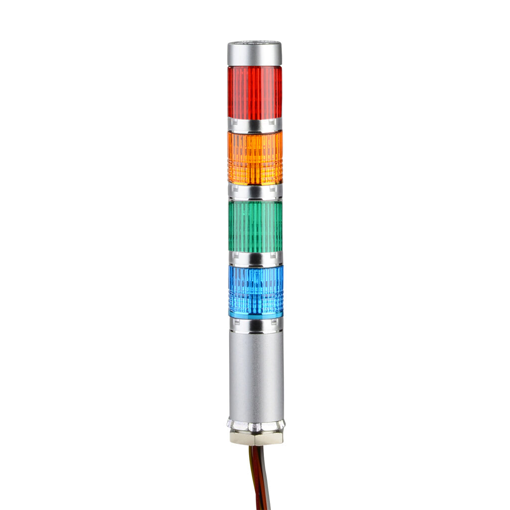 MES-402A-RYGB - Patlite LED signal tower, (4) tiers, 25mm diameter, red/amber/green/blue, permanent light function, 24 VDC, NPN polarity, clear lens, 40mm body length, silver, 360 degree viewing angle, base mount, IP42.