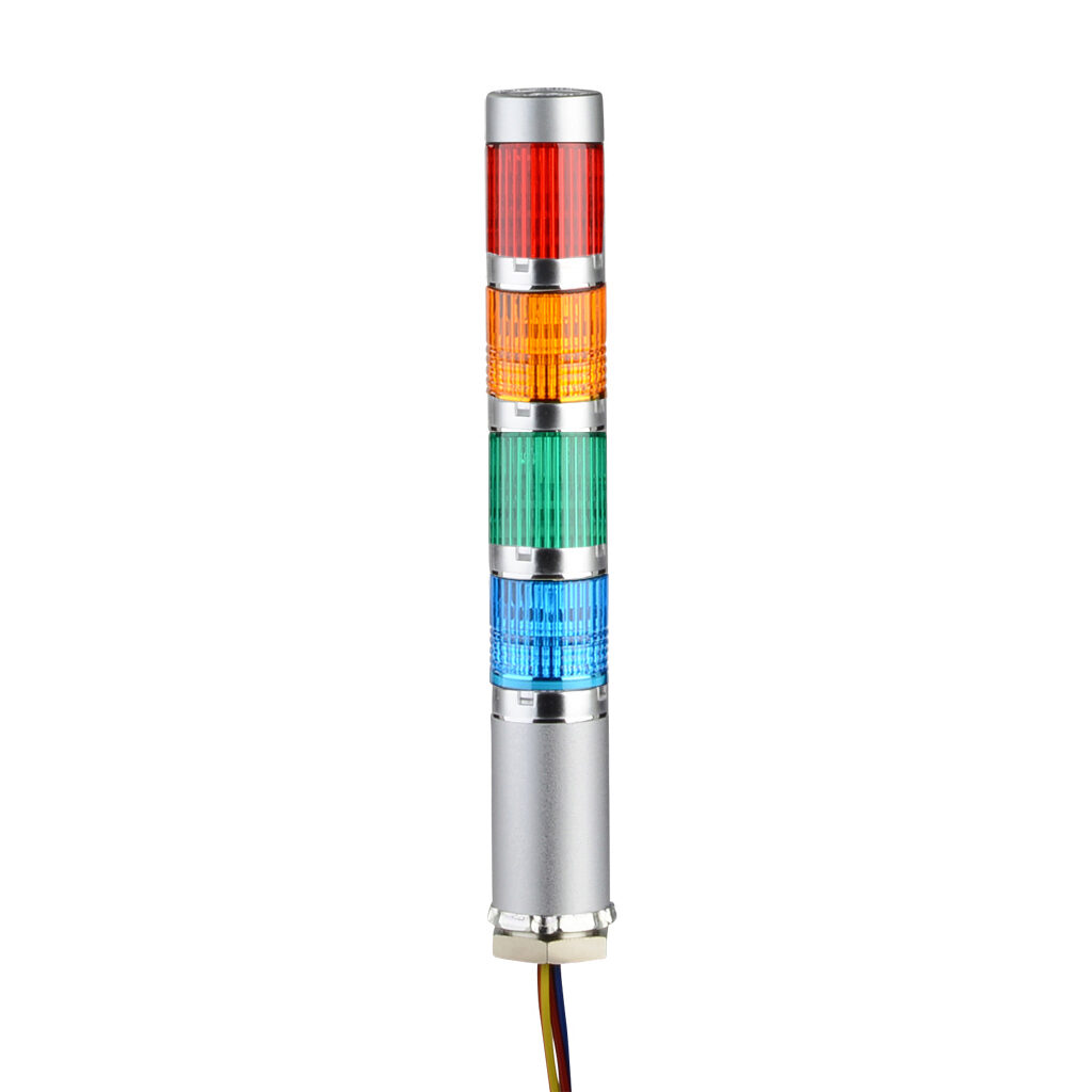 MES-402P-RYGB - Patlite LED signal tower, (4) tiers, 25mm diameter, red/amber/green/blue, permanent light function, 24 VDC, PNP polarity, clear lens, 40mm body length, silver, 360 degree viewing angle, base mount, IP65.