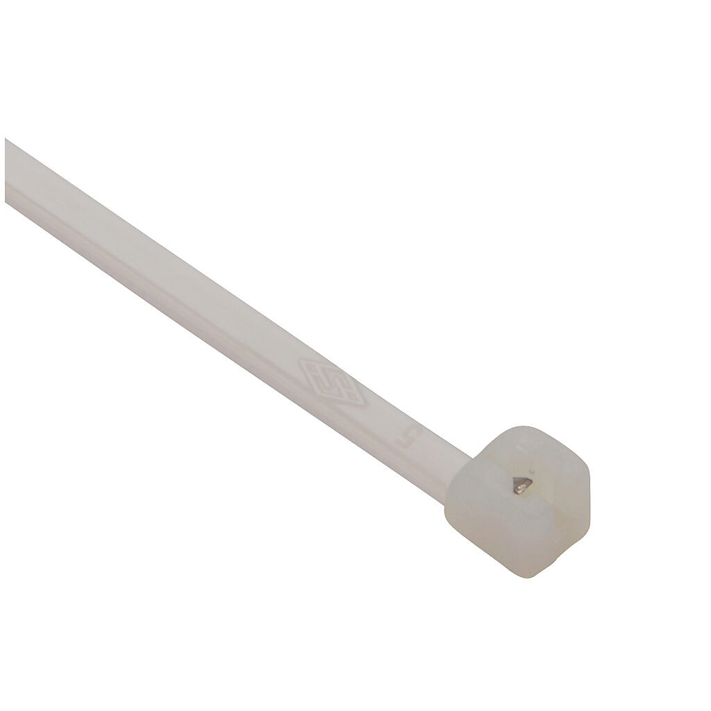 MET.2.2105R - SapiSelco ME-T series steel tooth cable tie, general purpose, nylon 6.6, 7.87in length, 0.1in width, 28lb tensile strength, 2.17in maximum bundle diameter, natural. Package of 100.