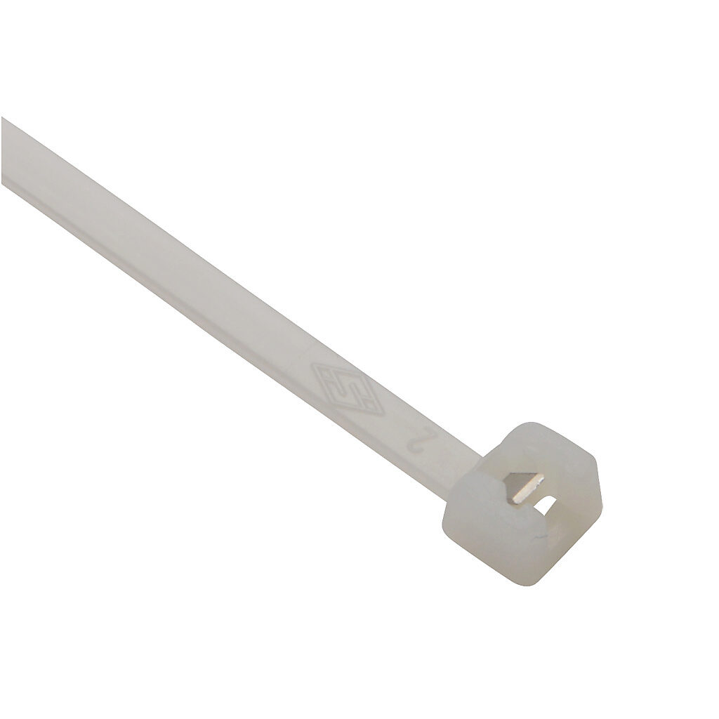 MET.2.2111R - SapiSelco ME-T series steel tooth cable tie, general purpose, nylon 6.6, 7.87in length, 0.14in width, 39lb tensile strength, 2.17in maximum bundle diameter, natural. Package of 100.
