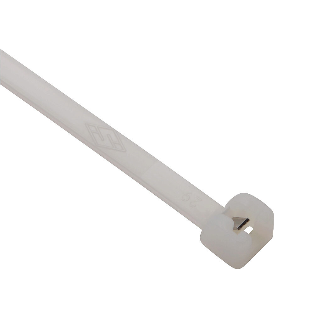 MET.2.2123R - SapiSelco ME-T series steel tooth cable tie, general purpose, nylon 6.6, 7.32in length, 0.18in width, 66lb tensile strength, 2.01in maximum bundle diameter, natural. Package of 100.