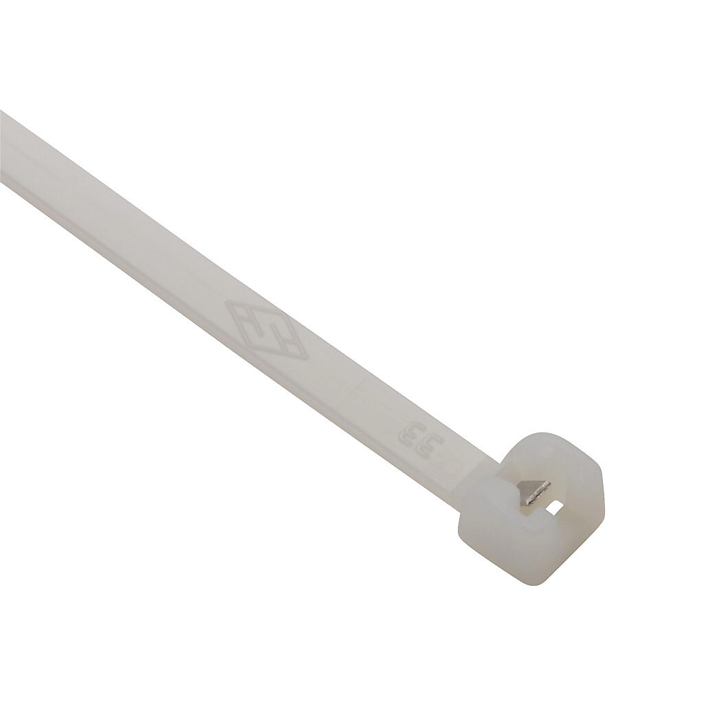 MET.2.2140R - SapiSelco ME-T series steel tooth cable tie, general purpose, nylon 6.6, 11.42in length, 0.18in width, 79lb tensile strength, 3.15in maximum bundle diameter, natural. Package of 100.