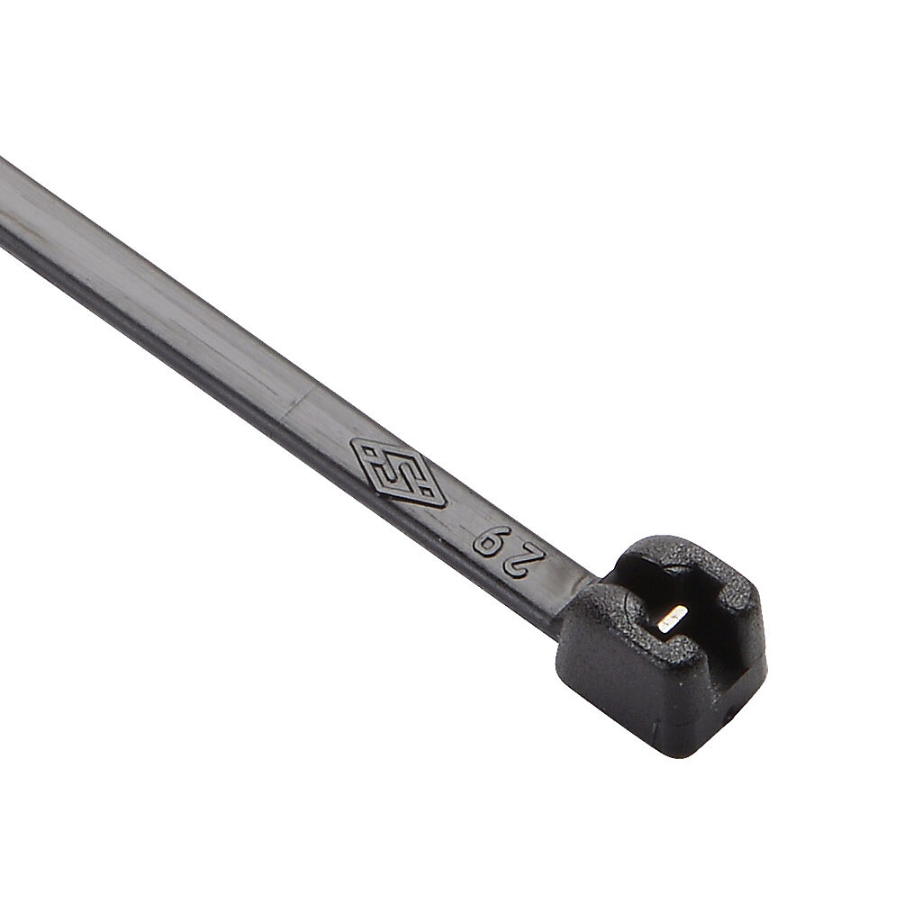MET.3.2102R - SapiSelco ME-T series steel tooth cable tie, general purpose, nylon 6.6, 3.94in length, 0.1in width, 28lb tensile strength, 0.94in maximum bundle diameter, black. Package of 100.