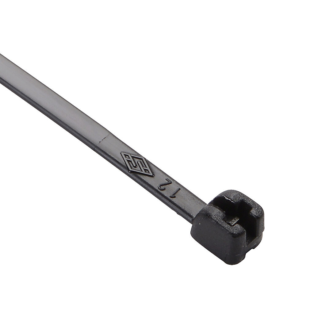 MET.3.2105R - SapiSelco ME-T series steel tooth cable tie, general purpose, nylon 6.6, 7.87in length, 0.1in width, 28lb tensile strength, 2.17in maximum bundle diameter, black. Package of 100.