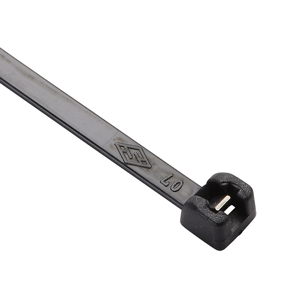 MET.3.2110R - SapiSelco ME-T series steel tooth cable tie, general purpose, nylon 6.6, 5.51in length, 0.14in width, 39lb tensile strength, 1.42in maximum bundle diameter, black. Package of 100.