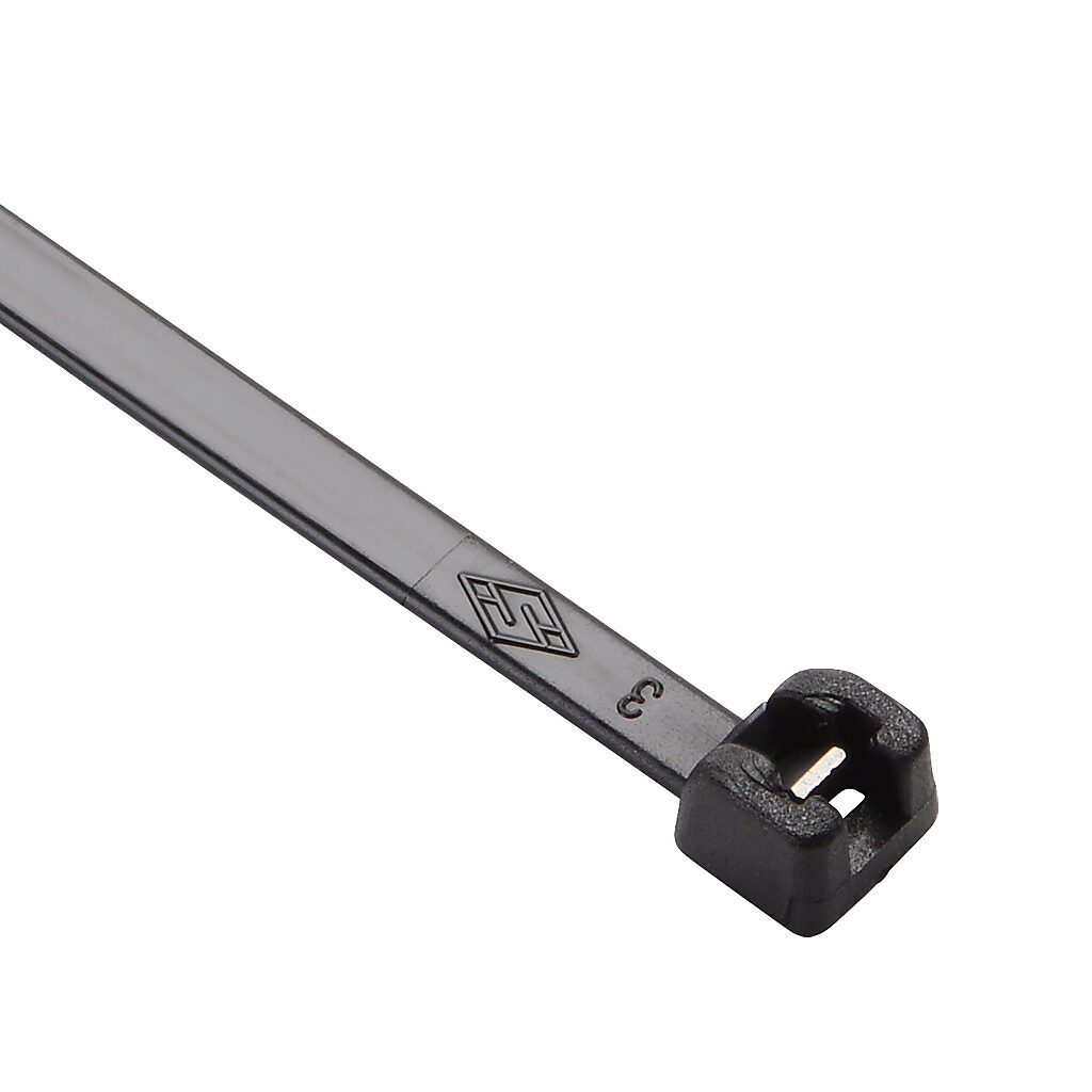 MET.3.2111R - SapiSelco ME-T series steel tooth cable tie, general purpose, nylon 6.6, 7.87in length, 0.14in width, 39lb tensile strength, 2.17in maximum bundle diameter, black. Package of 100.