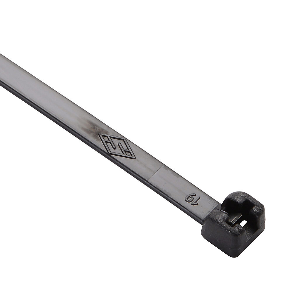 MET.3.2123R - SapiSelco ME-T series steel tooth cable tie, general purpose, nylon 6.6, 7.32in length, 0.18in width, 66lb tensile strength, 2.01in maximum bundle diameter, black. Package of 100.