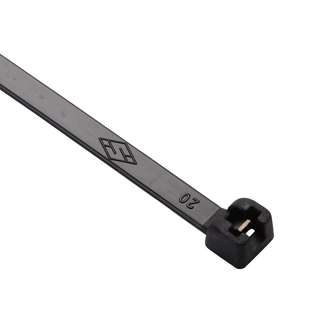 MET.3.2140R - SapiSelco ME-T series steel tooth cable tie, general purpose, nylon 6.6, 11.42in length, 0.18in width, 79lb tensile strength, 3.15in maximum bundle diameter, black. Package of 100.