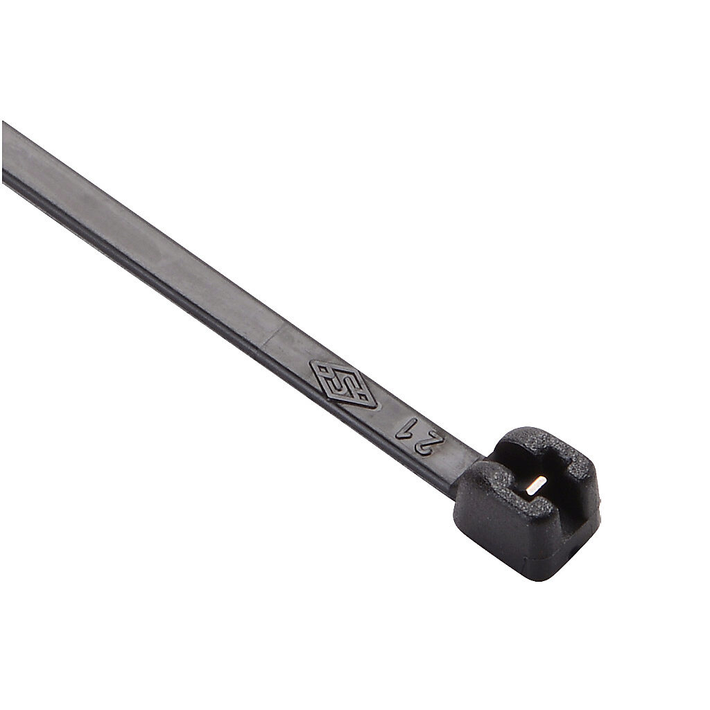 MET.3.2302R - SapiSelco ME-T series steel tooth cable tie, general purpose, nylon 6.6, 3.94in length, 0.1in width, 28lb tensile strength, 0.94in maximum bundle diameter, black. Package of 1000.