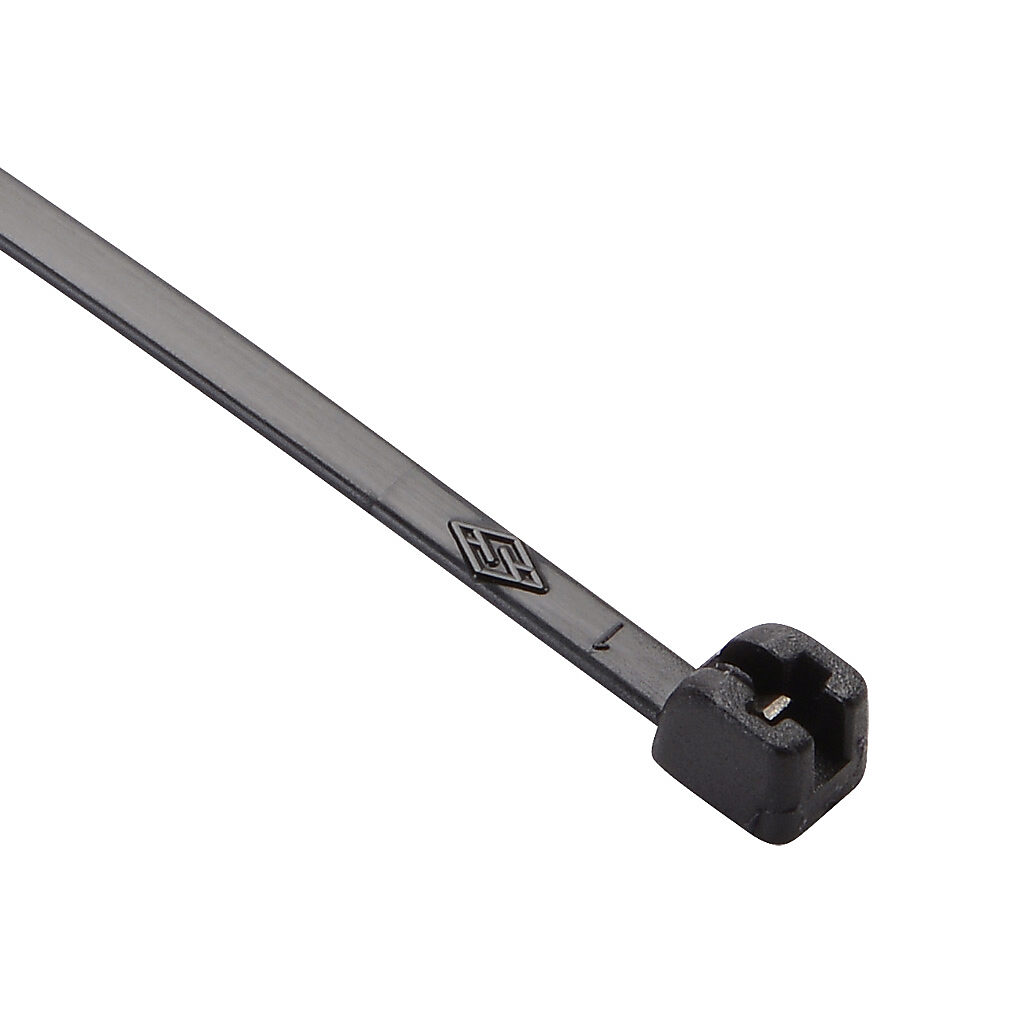 MET.3.2305R - SapiSelco ME-T series steel tooth cable tie, general purpose, nylon 6.6, 7.87in length, 0.1in width, 28lb tensile strength, 2.17in maximum bundle diameter, black. Package of 1000.