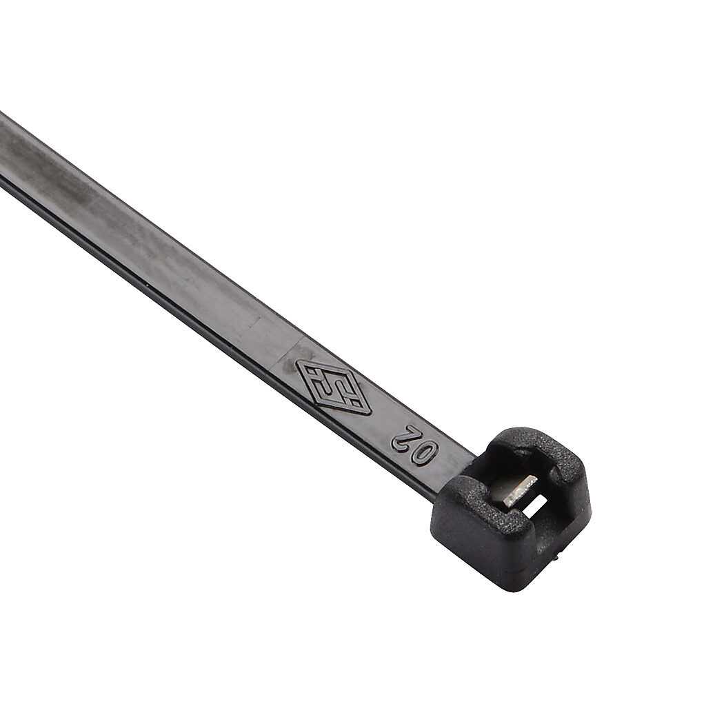 MET.3.2310R - SapiSelco ME-T series steel tooth cable tie, general purpose, nylon 6.6, 5.51in length, 0.14in width, 39lb tensile strength, 1.42in maximum bundle diameter, black. Package of 1000.