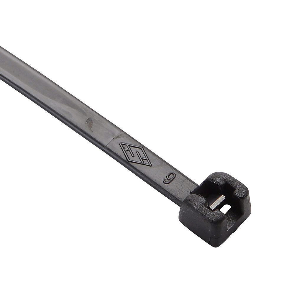 MET.3.2311R - SapiSelco ME-T series steel tooth cable tie, general purpose, nylon 6.6, 7.87in length, 0.14in width, 39lb tensile strength, 2.17in maximum bundle diameter, black. Package of 1000.