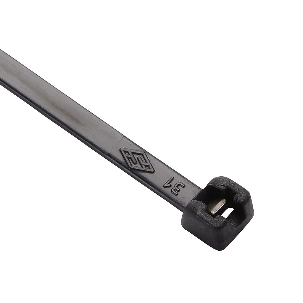 MET.3.2312R - SapiSelco ME-T series steel tooth cable tie, general purpose, nylon 6.6, 11.02in length, 0.14in width, 39lb tensile strength, 3.15in maximum bundle diameter, black. Package of 1000.