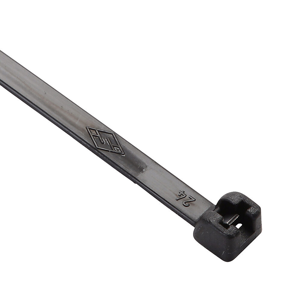 MET.3.2323R - SapiSelco ME-T series steel tooth cable tie, general purpose, nylon 6.6, 7.32in length, 0.18in width, 66lb tensile strength, 2.01in maximum bundle diameter, black. Package of 1000.