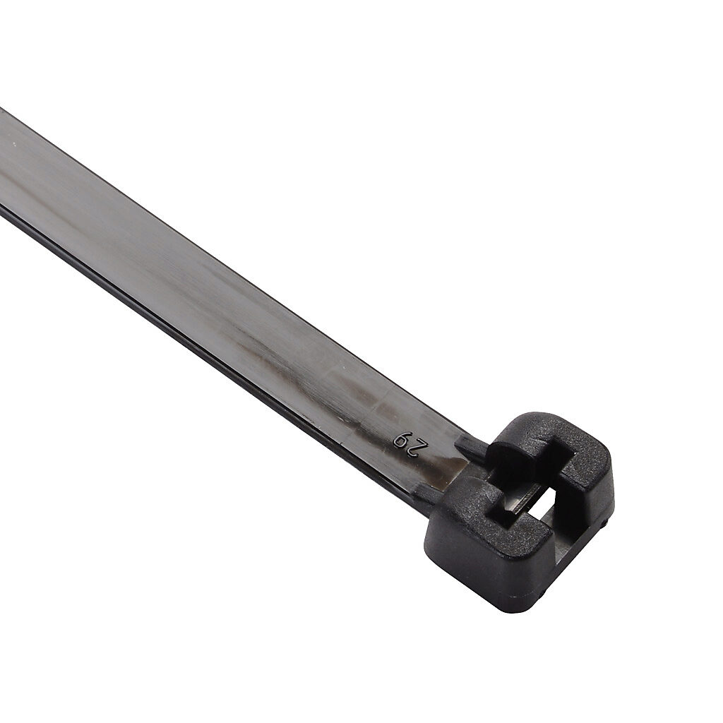 MET.3.2534R - SapiSelco ME-T series steel tooth cable tie, general purpose, nylon 6.6, 14.17in length, 0.3in width, 116lb tensile strength, 3.98in maximum bundle diameter, black. Package of 50.