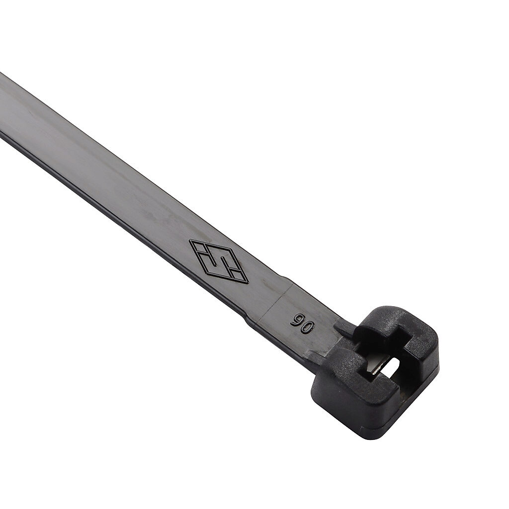 MET.3.2548R - SapiSelco ME-T series steel tooth cable tie, general purpose, nylon 6.6, 13.39in length, 0.28in width, 132lb tensile strength, 3.54in maximum bundle diameter, black. Package of 50.