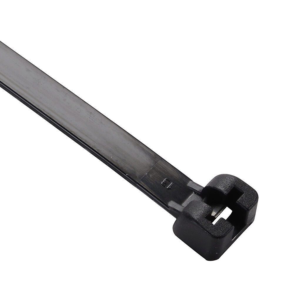 MET.3.2734R - SapiSelco ME-T series steel tooth cable tie, general purpose, nylon 6.6, 14.17in length, 0.3in width, 116lb tensile strength, 3.98in maximum bundle diameter, black. Package of 500.