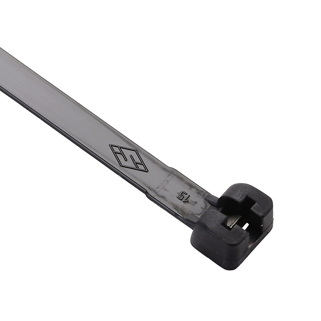 MET.3.2748R - SapiSelco ME-T series steel tooth cable tie, general purpose, nylon 6.6, 13.39in length, 0.28in width, 132lb tensile strength, 3.54in maximum bundle diameter, black. Package of 500.