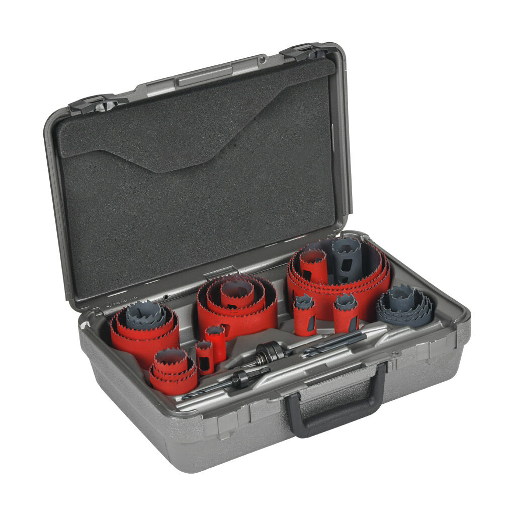 AutomationDirect MHSELE01 - MK Morse hole saw set, 29 pieces, carbide tipped steel and bi-metal cobalt, imperial, hardened steel backer, varied tooth.