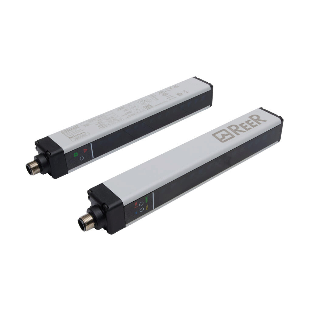 MI151-C - ReeR Micron light grid, sender/receiver pair, object detection, 10mm resolution, 140mm detection height, 0-10m operating distance, (2) push-pull complementary, (2) 5-pin M12 quick-disconnects.