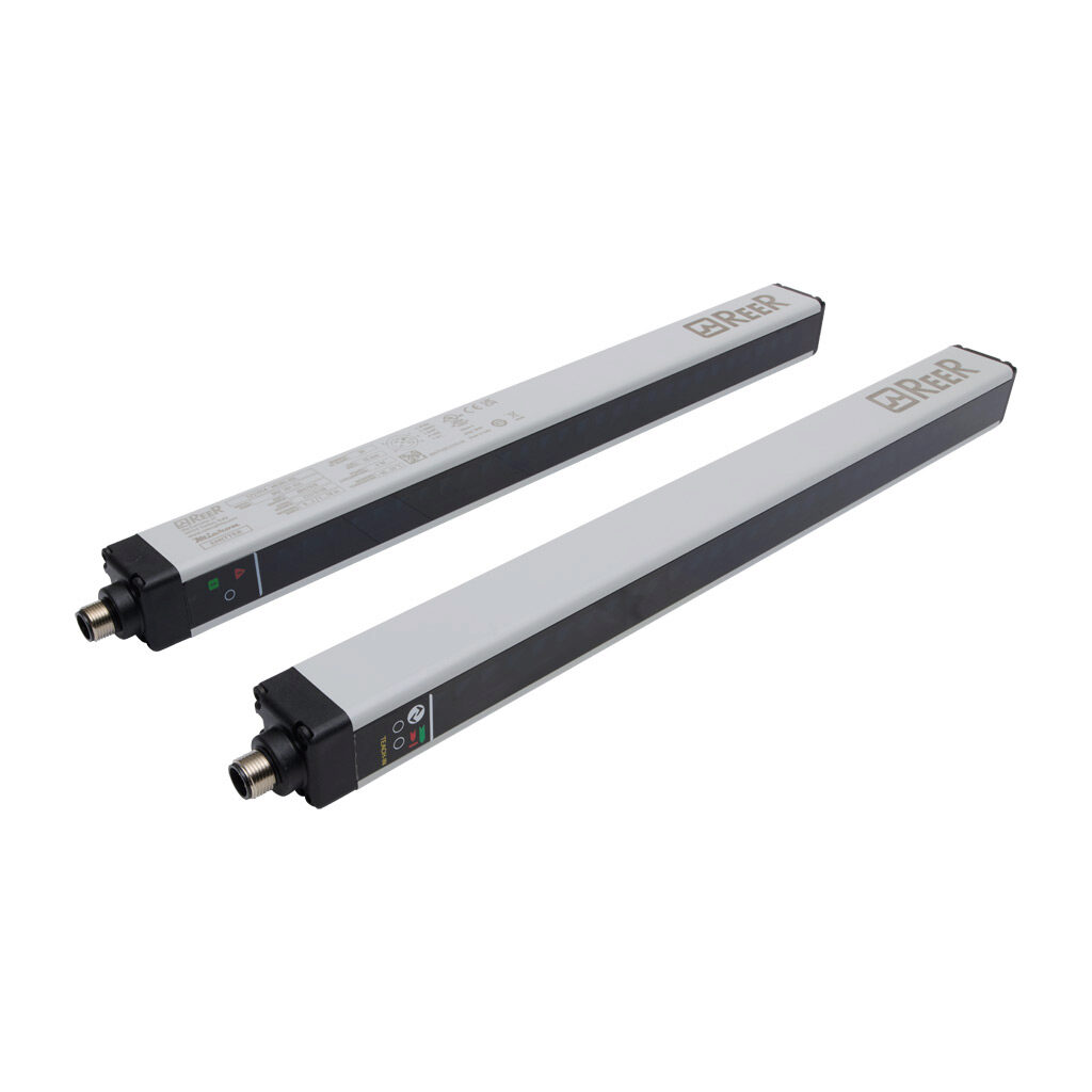 MI301-IOL - ReeR Micron light grid, sender/receiver pair, measuring, 10mm resolution, 290mm detection height, 0-10m operating distance, PNP, configurable, (2) 5-pin M12 quick-disconnects, IO-Link compatible.