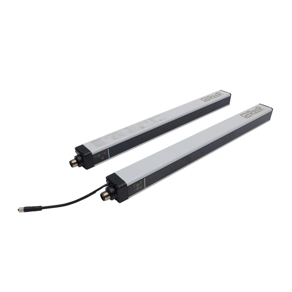 MI303-AC - ReeR Micron light grid, sender/receiver pair, measuring, 30mm resolution, 270mm detection height, 0-10m operating distance, (2) push-pull, (2) 4-20mA analog output, configurable, (1) 5-pin M12 quick-disconnect and (1) 8-pin M12 quick-di...