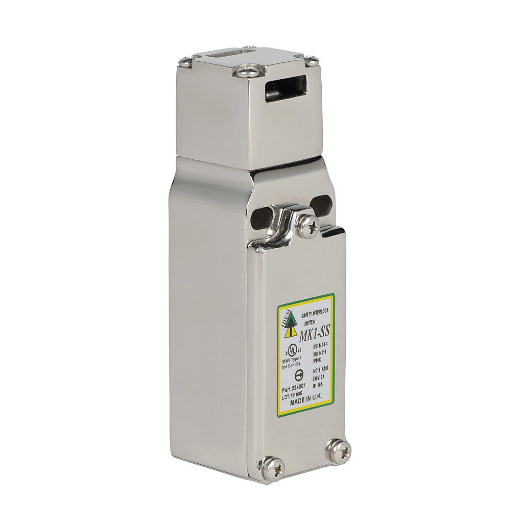 MK1-SS-224001 - IDEM safety switch, tongue (key) interlock, slow action break before make, (2) N.C. safety output(s), 316 stainless steel body, 316 stainless steel head, (1) M20 cable entry.