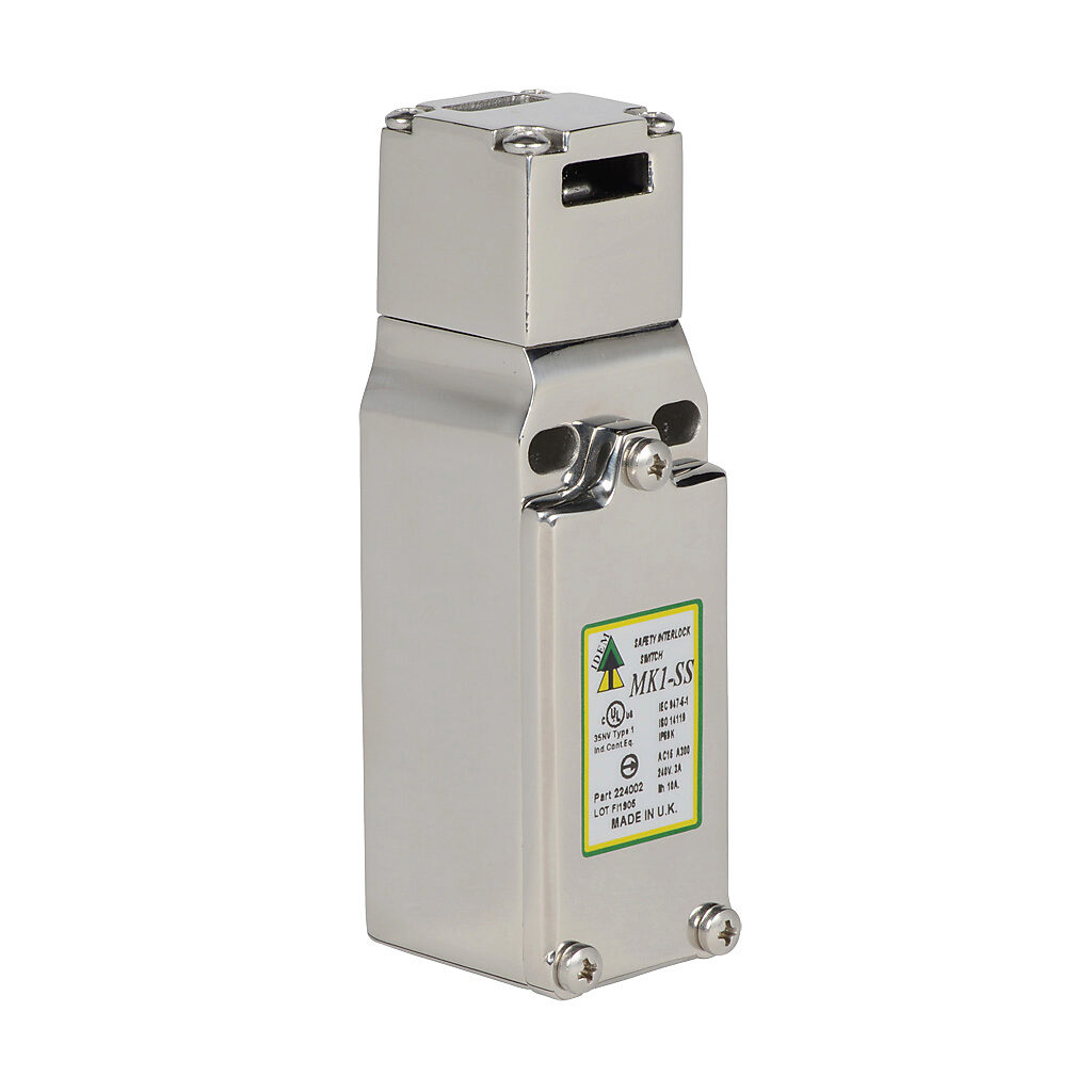 MK1-SS-224002 - IDEM safety switch, tongue (key) interlock, slow action break before make, (2) N.C. safety output(s), 316 stainless steel body, 316 stainless steel head, (1) 1/2in NPT cable entry.