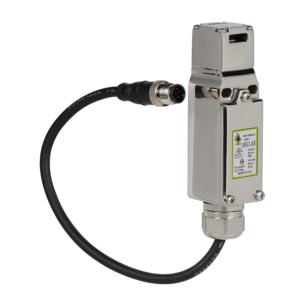 MK1-SS-224003 - IDEM safety switch, tongue (key) interlock, slow action break before make, (2) N.C. safety output(s), 316 stainless steel body, 316 stainless steel head, (1) 8-pin M12 quick-disconnect.