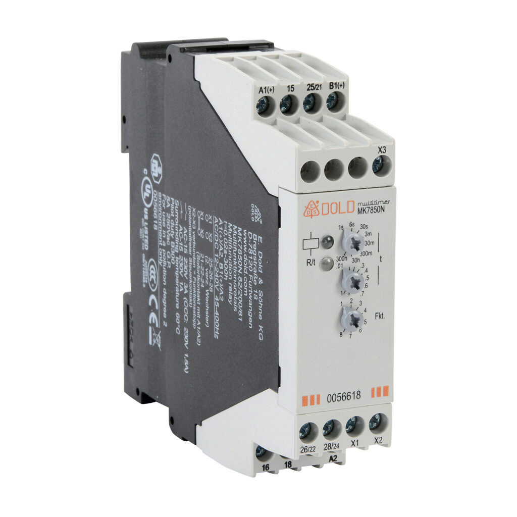 MK7850N-82-200-61 - Dold multi-mode relay timer, 0.02 seconds to 300 hours selectable timing range, 12-240 VAC/VDC operating voltage, 3A contact rating, (1) SPDT timed relay and (1) SPDT instant or timed configured relay output(s), 35mm DIN rail m...