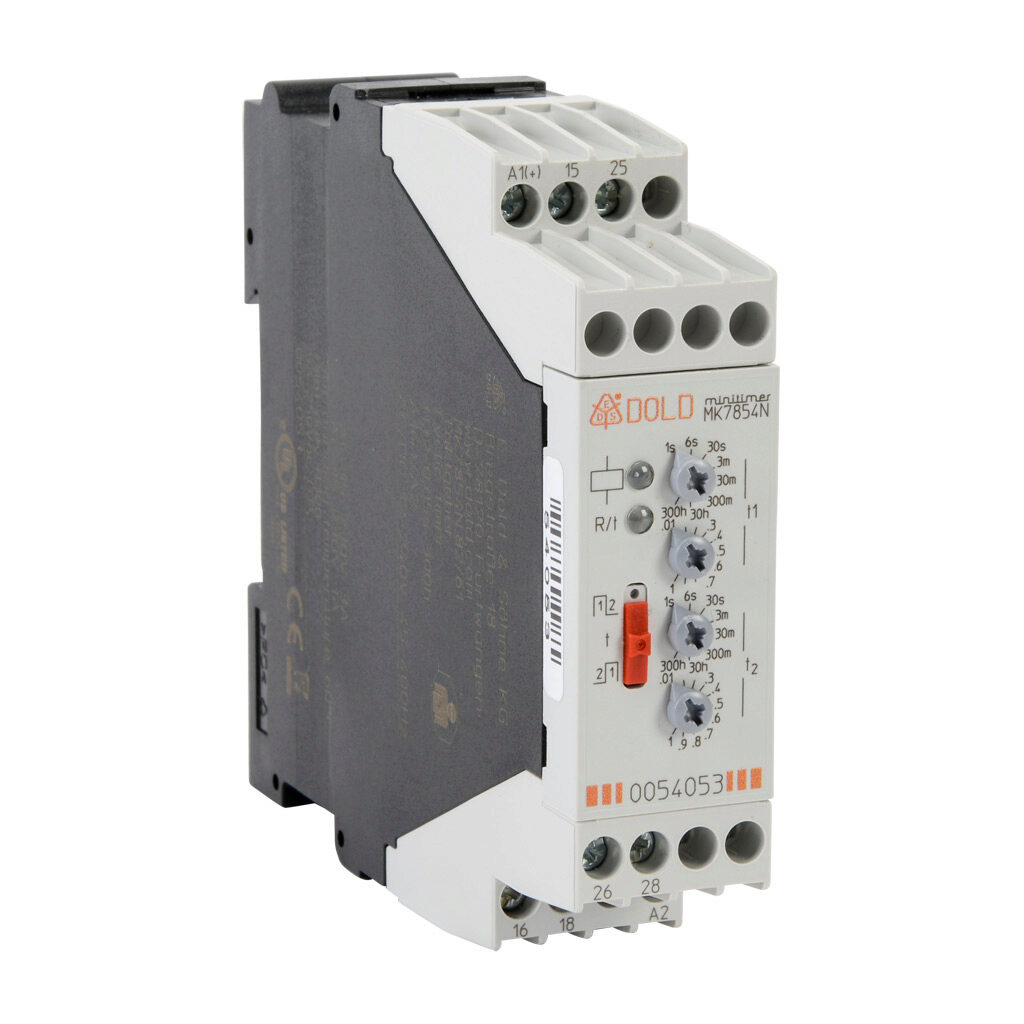 MK7854N-82-61 - Dold cyclic relay timer, 0.05 seconds to 300 hours selectable timing range, 12-240 VAC/VDC operating voltage, 3A contact rating, (1) DPDT timed relay output(s), 35mm DIN rail mount, screw terminal(s).