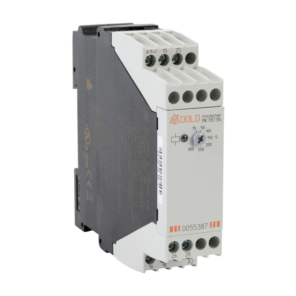 MK7873N-82-61-300S - Dold off-delay relay timer, 15 to 300 seconds timing range, 24-240 VAC/VDC operating voltage, 3A contact rating, (1) DPDT timed relay output(s), 35mm DIN rail mount, screw terminal(s).
