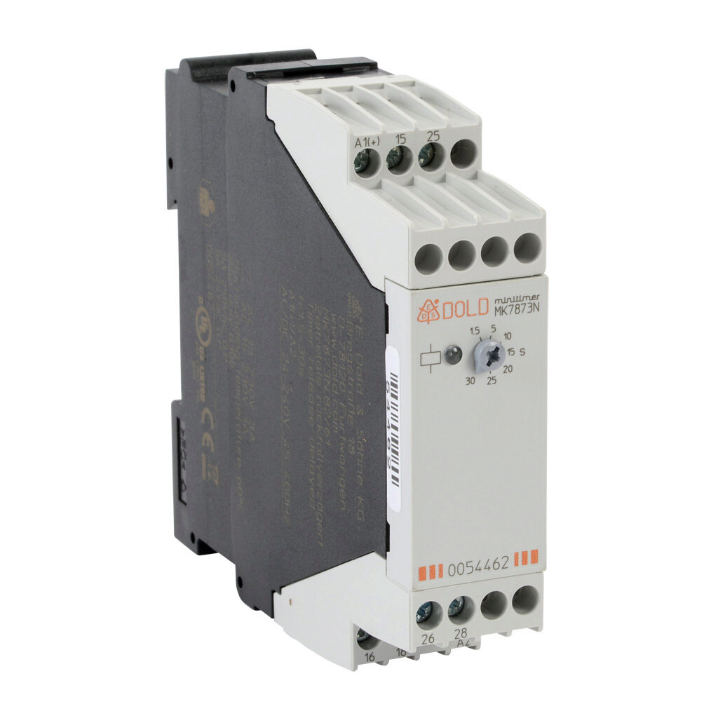 MK7873N-82-61-30S - Dold off-delay relay timer, 1.5 to 30 seconds timing range, 24-240 VAC/VDC operating voltage, 3A contact rating, (1) DPDT timed relay output(s), 35mm DIN rail mount, screw terminal(s).