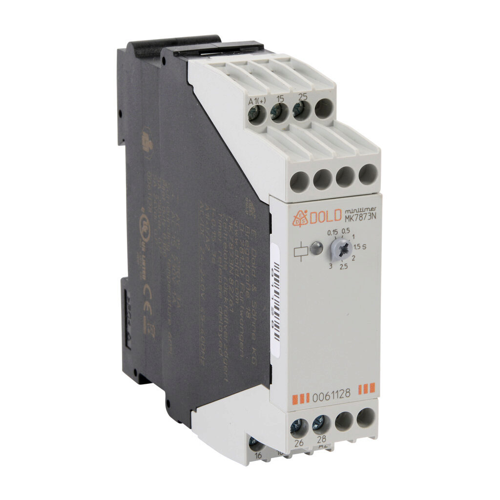 MK7873N-82-61-3S - Dold off-delay relay timer, 0.15 to 3 seconds timing range, 24-240 VAC/VDC operating voltage, 3A contact rating, (1) DPDT timed relay output(s), 35mm DIN rail mount, screw terminal(s).