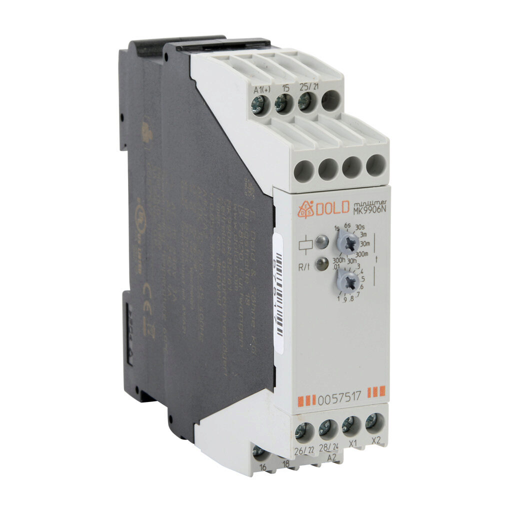 MK9906N-82-61 - Dold on-delay relay timer, 0.05 seconds to 300 hours selectable timing range, 12-240 VAC/VDC operating voltage, 3A contact rating, (1) SPDT timed relay and (1) SPDT instant or timed configured relay output(s), 35mm DIN rail mount, ...
