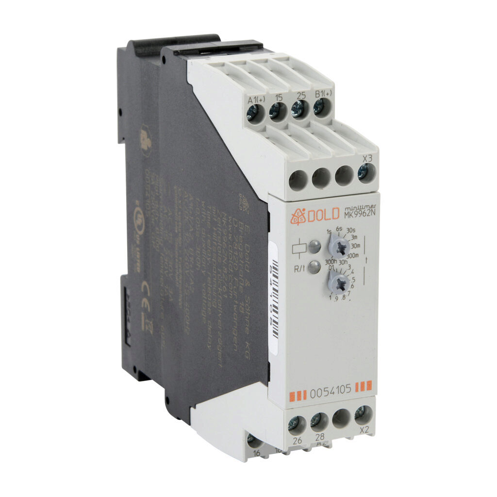 MK9962N-82-61 - Dold off-delay relay timer, 0.05 seconds to 300 hours selectable timing range, 12-240 VAC/VDC operating voltage, 3A contact rating, (1) DPDT timed relay output(s), 35mm DIN rail mount, screw terminal(s).