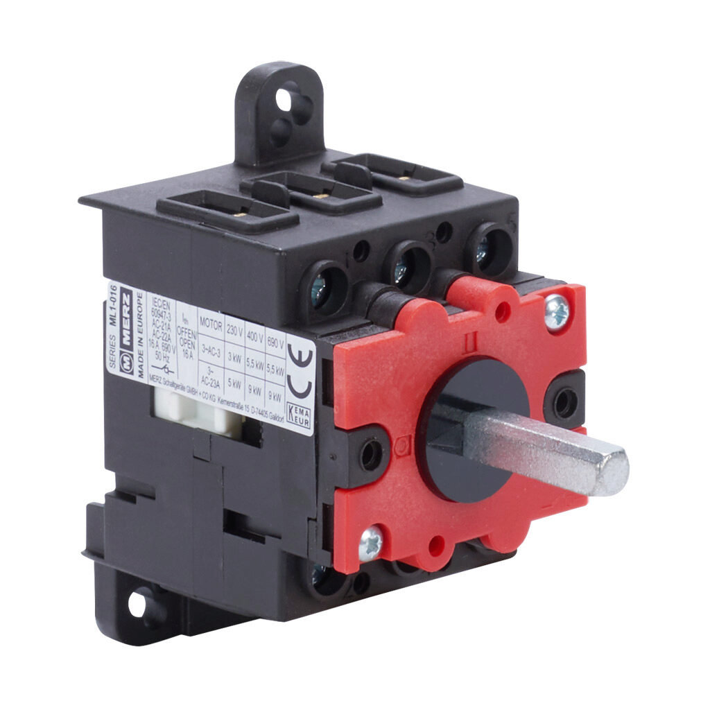 ML1-016-V-A01 - Merz manual motor controller, open, 16A, 600 VAC, 3-pole, 10hp, 35mm DIN rail or panel mount, UL 508 rated.