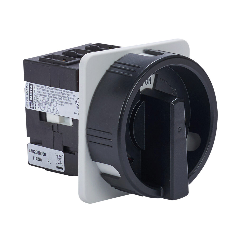 ML1-025-E-H03B - Merz rotary disconnect switch, load break capable, 3-pole, 600 VAC, 25A, 5kA SCCR, door mount, UL 508 rated, front operated. Hardware for 4-hole door mounting & lockable black/gray handle for use with NEMA 4/4X enclosures included.