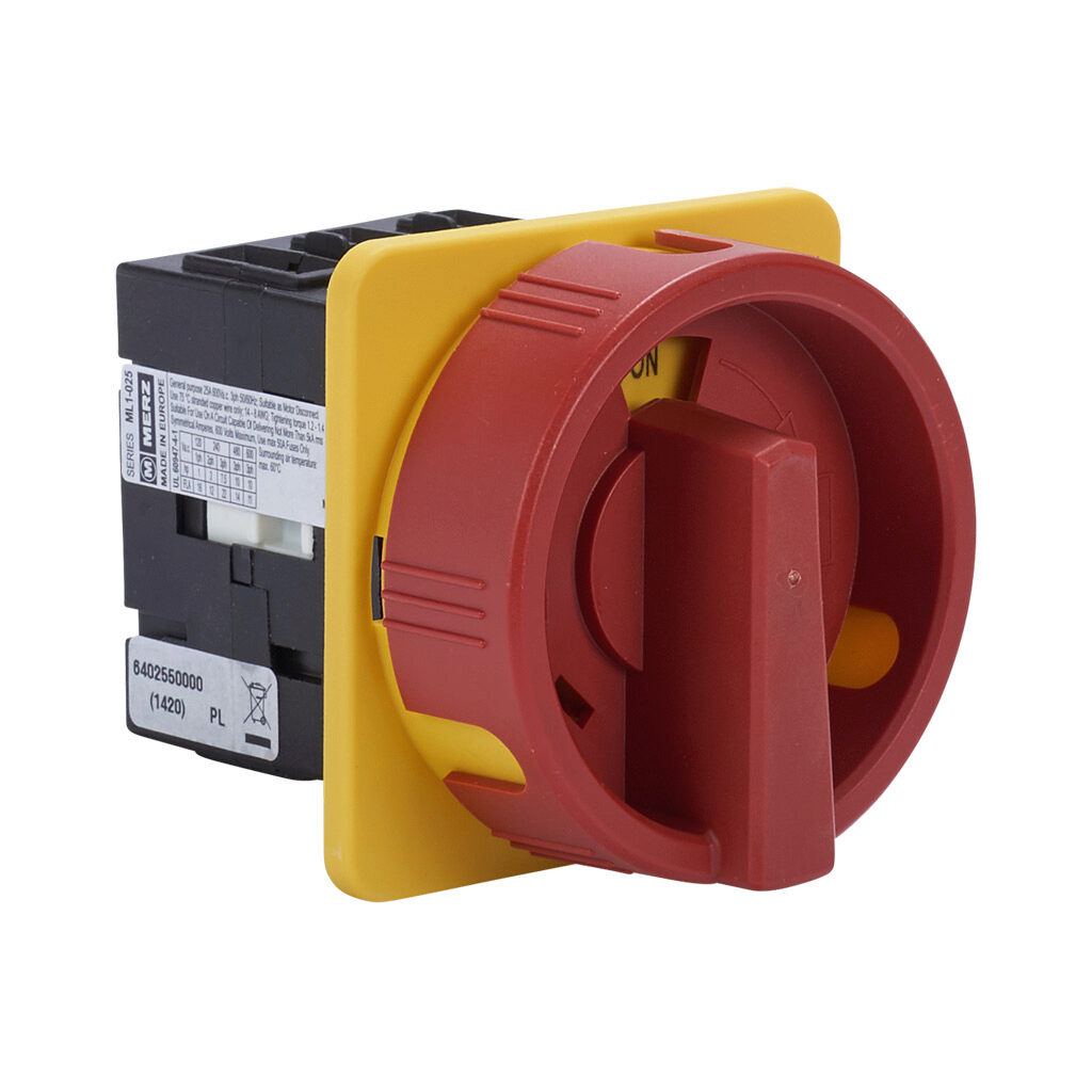ML1-025-E-H03R - Merz rotary disconnect switch, load break capable, 3-pole, 600 VAC, 25A, 5kA SCCR, door mount, UL 508 rated, front operated. Hardware for 4-hole door mounting & lockable red/yellow handle for use with NEMA 4/4X enclosures included.