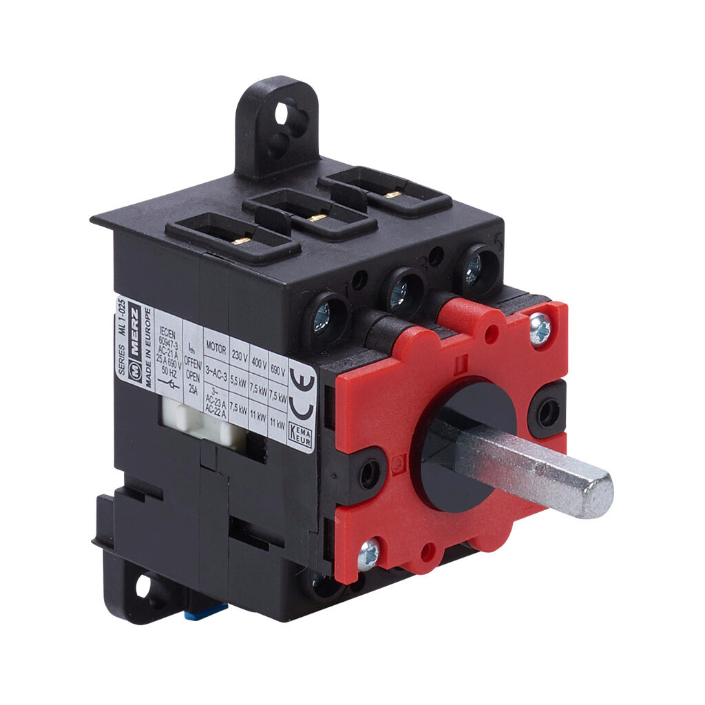 ML1-025-V-A01 - Merz manual motor controller, open, 25A, 600 VAC, 3-pole, 10hp, 35mm DIN rail or panel mount, UL 508 rated.